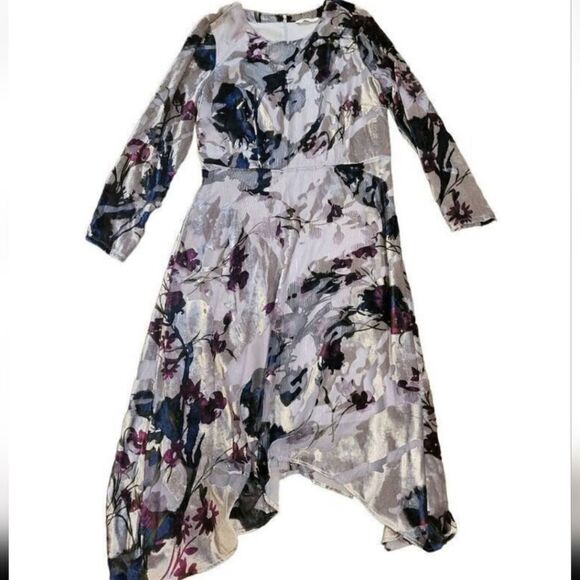 Soft Surroundings Dress Women's Medium Silver Velvet Shimmer Floral Midi Boho - Picture 1 of 5